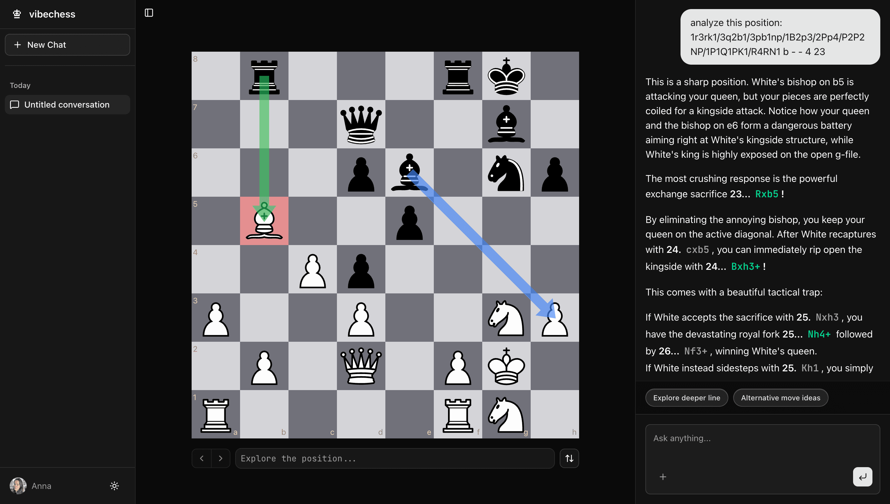 VibeChess analysis screen showing AI-powered evaluation of a chess game