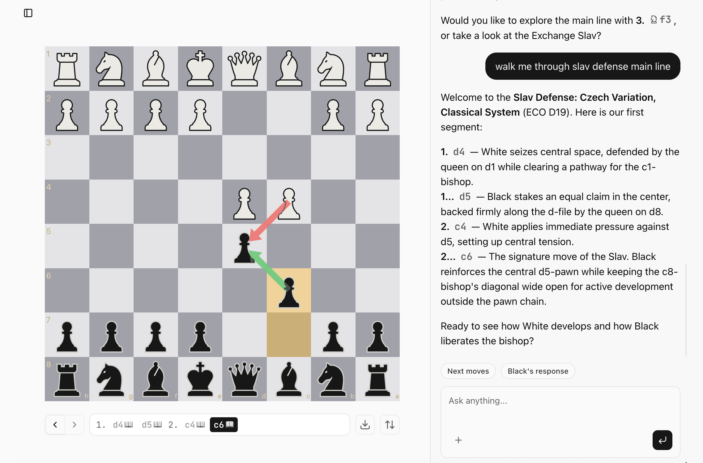 Vibechess in the browser: after 1.d4 d5 2.c4 c6 the tutor walks through the Slav Defense main line move by move, with arrows on the board showing the c4 pawn attacking d5 and the c6 pawn defending it