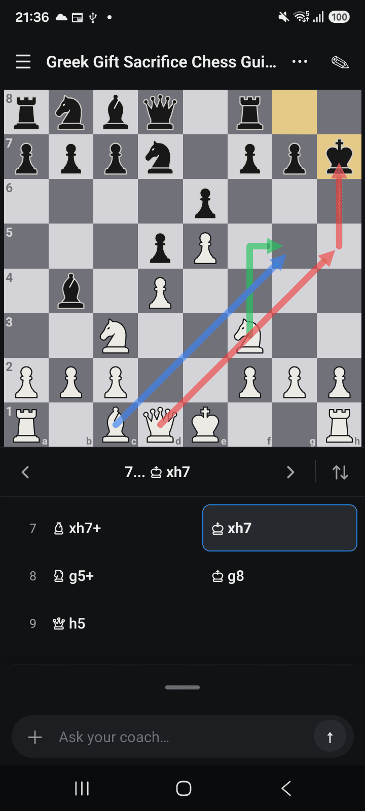 Vibechess on Android: the Greek Gift after 7. Bxh7+ Kxh7, with arrows for the knight to g5, the bishop backing it up and the queen to h5 and h7, and the moves 7 to 9 in the history