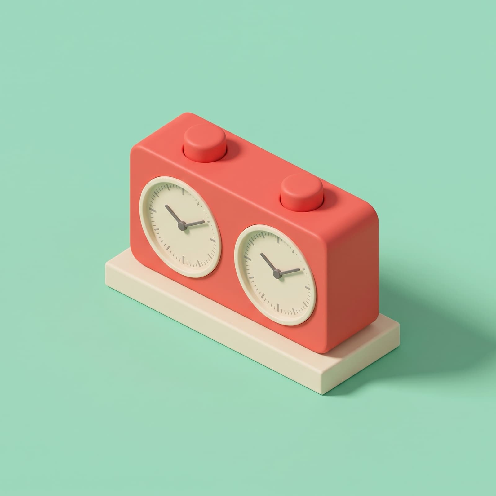 A matte coral chess clock with cream dials on a cream plinth, mint background