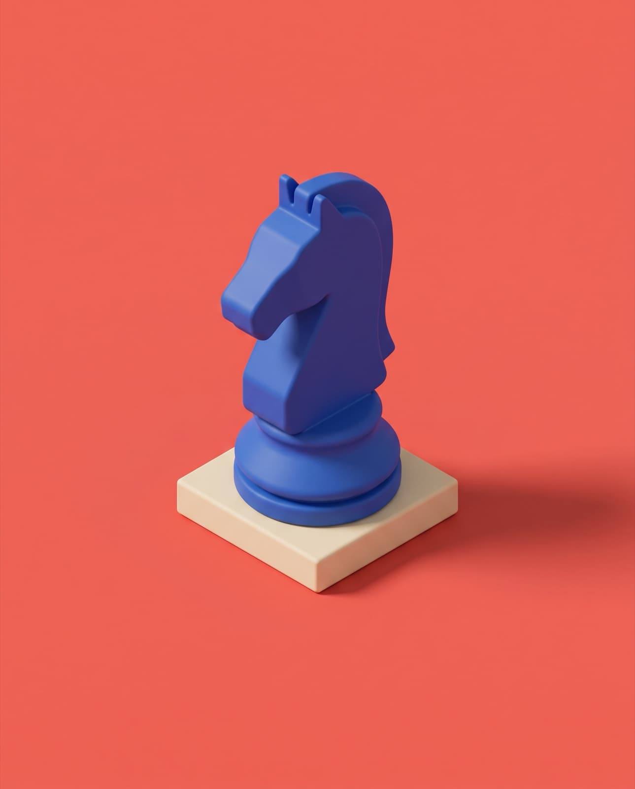 A matte cobalt knight on a cream plinth, coral background