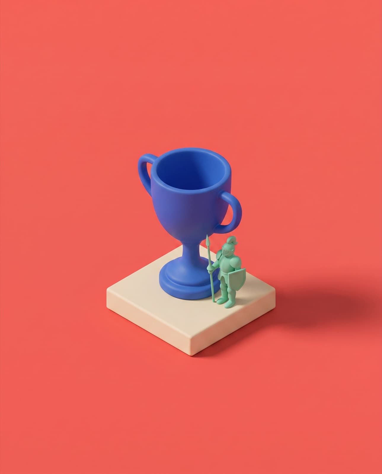 A matte cobalt trophy cup on a cream plinth with a small mint knight figurine beside it, coral background